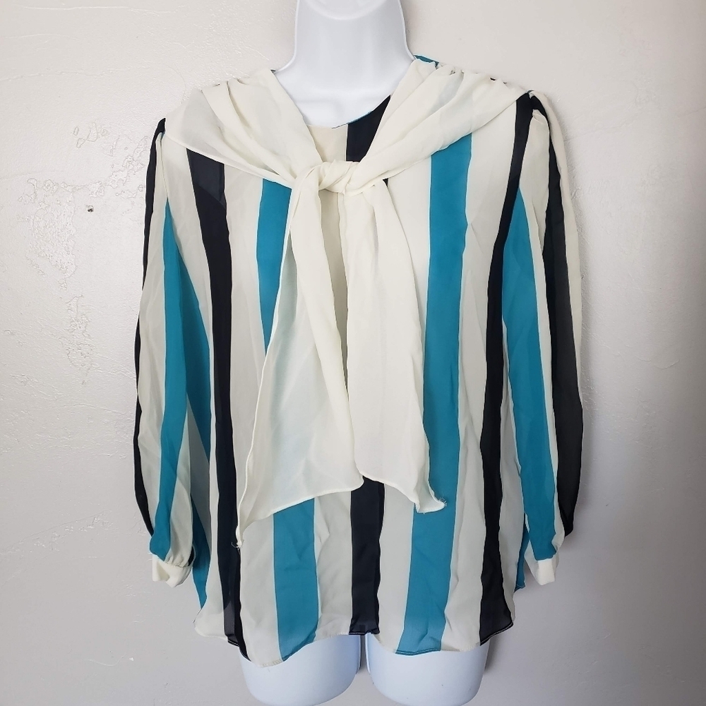 California Girl Vintage Large Chiffon Blouse Long Sleeve Blue Black White Stripe